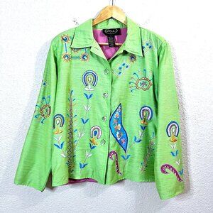 Green Embroidered Rainbow Whimsical Fairy Vintage 90s Blazer Jacket Women Size L